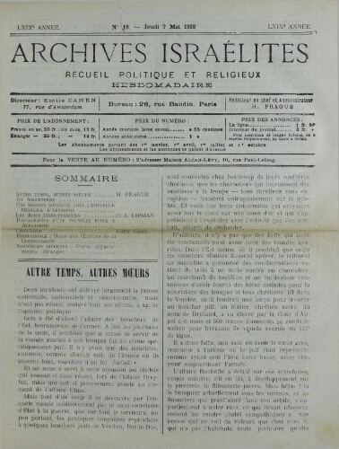 Archives israélites de France. Vol.69 N°19 (07 mai 1908)
